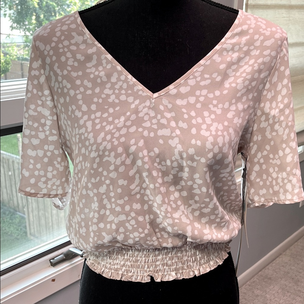 Nine Britton Cream Patterned V-Neck Blouse with Tie Back detail S